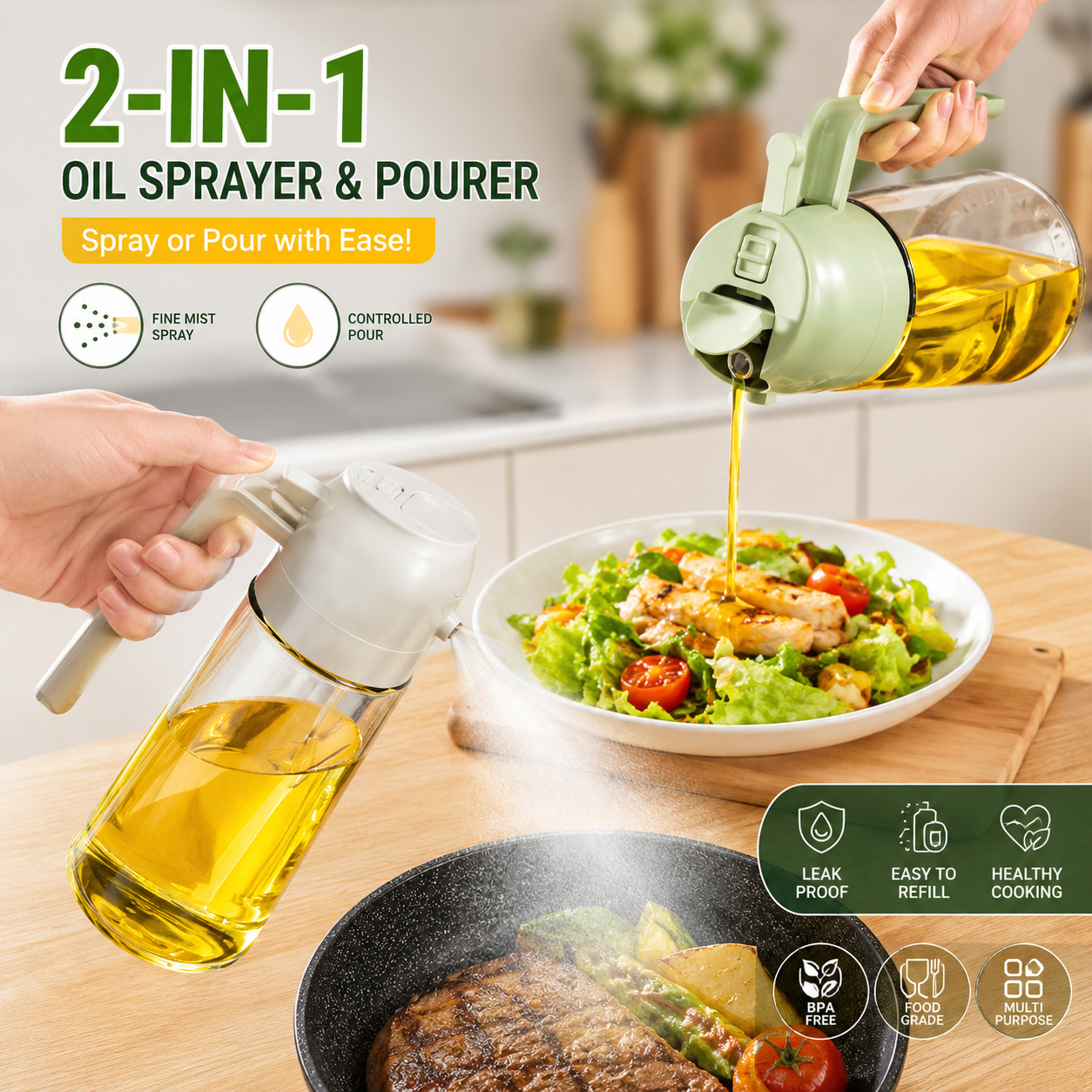 2-in-1 Oil Sprayer Bottle for Kitchen – Oil Spray & Pour Dispenser for Cooking, Air Frying, BBQ & Salads