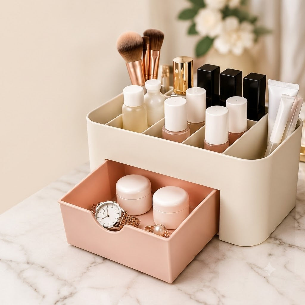 Plastic Makeup Organizer Storage Box with Drawer – Cosmetic & Jewelry Desktop Organizer (Random Color)