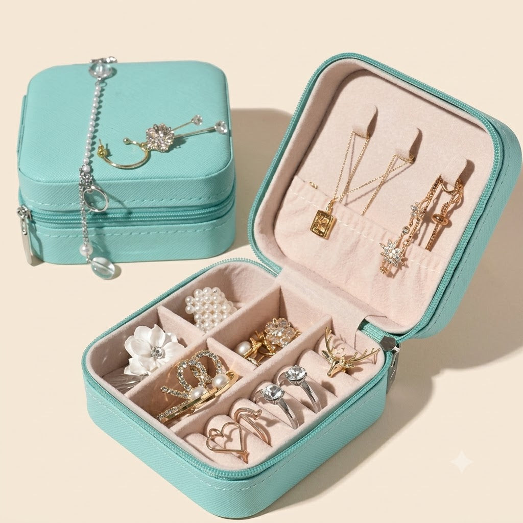 Portable Leather Jewelry Storage Box | Travel Jewelry Organizer for Rings, Earrings & Accessories (Random Color)