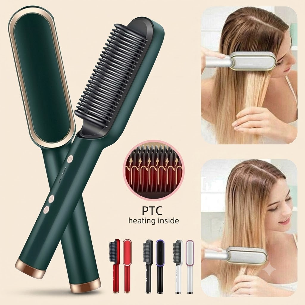 909B Hair Straightening Brush – Electric 2-in-1 Hair Straightener & Curler Heating Styling Comb