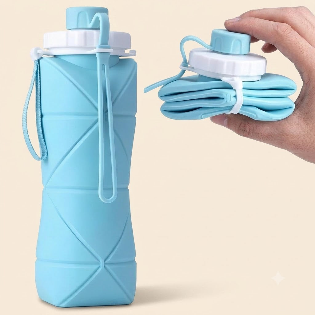 Silicone Foldable Water Bottle 600ml | Portable Collapsible Travel Bottle | Pocket Size Reusable Sports Water Bottle (Random Color)