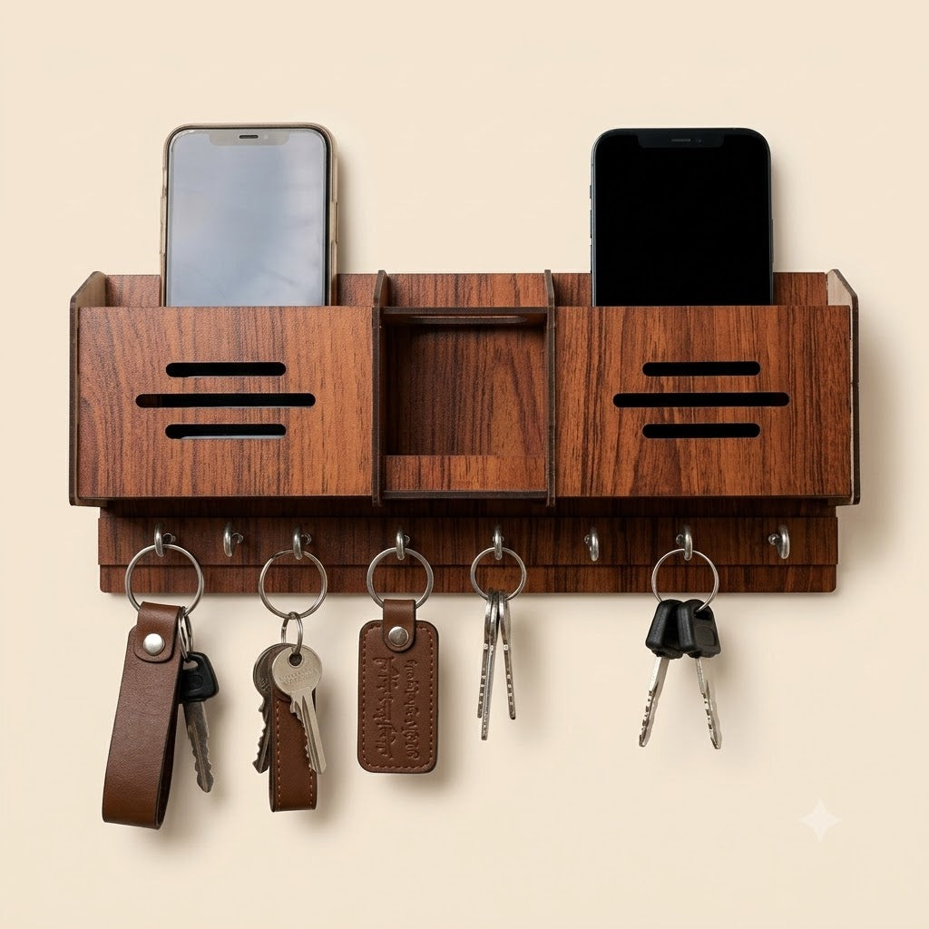 Multipurpose Wooden Key Holder with Mobile Stand – Wall Hanging Key Organizer & Home Decor