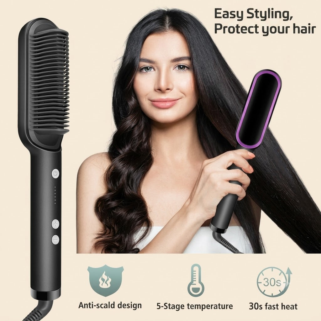 909B Hair Straightening Brush – Electric 2-in-1 Hair Straightener & Curler Heating Styling Comb