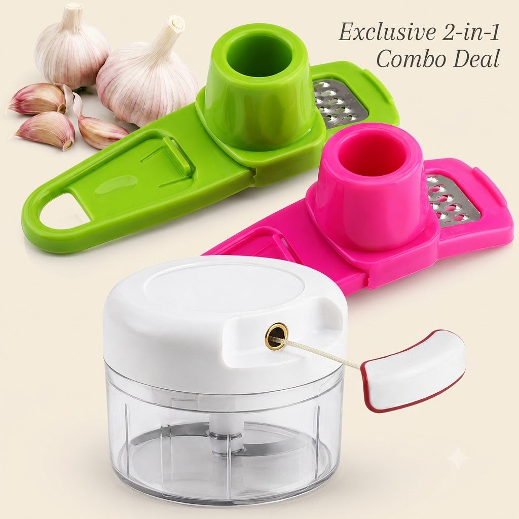 Pack of 2 Combo Deal – Garlic Press Tool + Mini Chopper Manual Food Grinder & Vegetable Crusher Kitchen Gadget