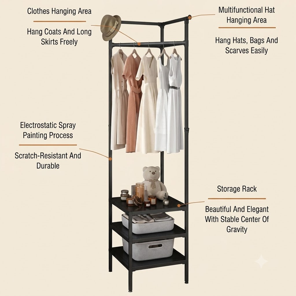Multifunctional 3-Layer Corner Coat Rack – Nail-Free Clothes & Storage Organizer (Random Colour)