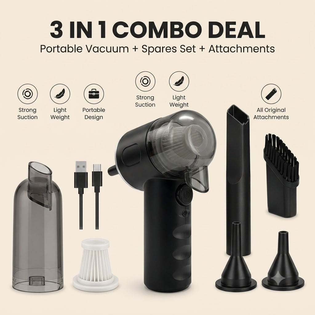 3 In 1 Portable Wireless Vacuum Cleaner & Air Duster – Handheld Rechargeable Cleaner for Car, Home, Keyboard & Computer