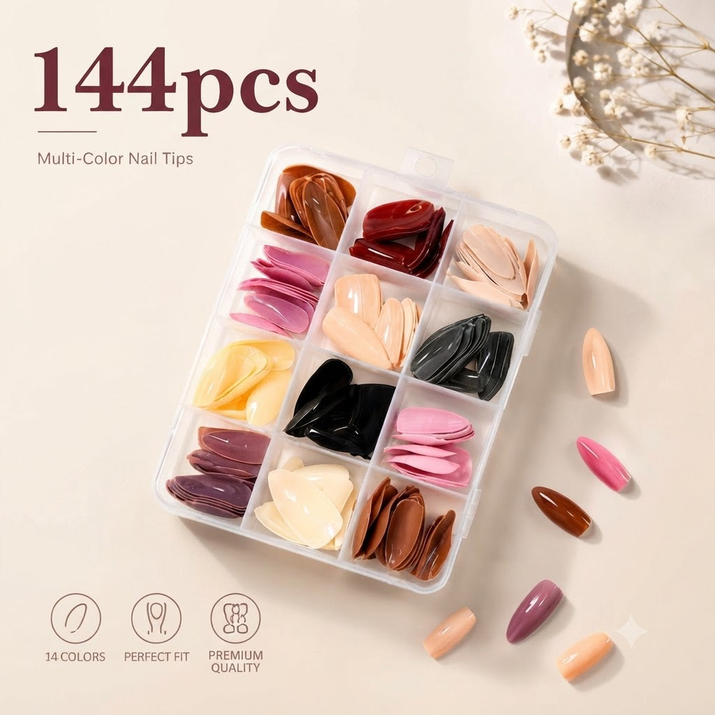 144 Pcs Multicolor False Nails Set – Stylish Press-On Nails for Daily & Party Wear