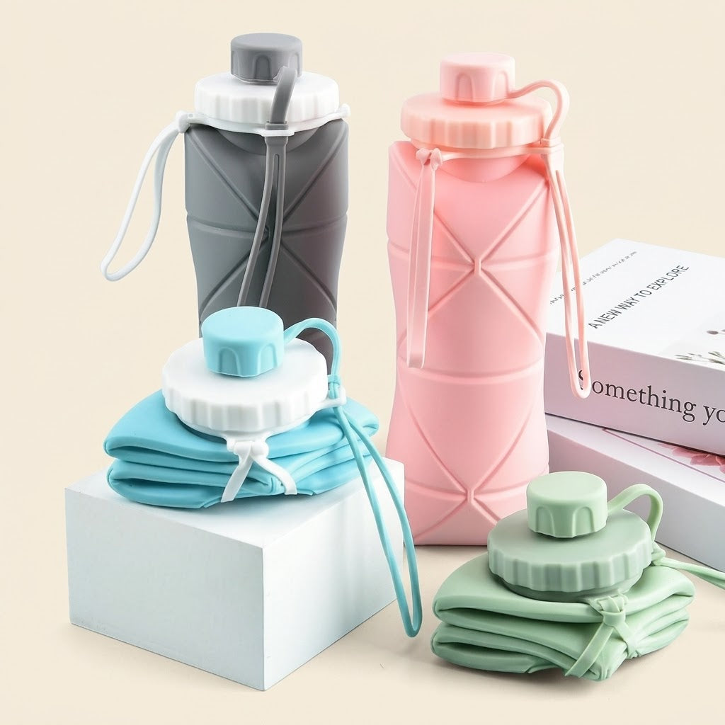 Silicone Foldable Water Bottle 600ml | Portable Collapsible Travel Bottle | Pocket Size Reusable Sports Water Bottle (Random Color)