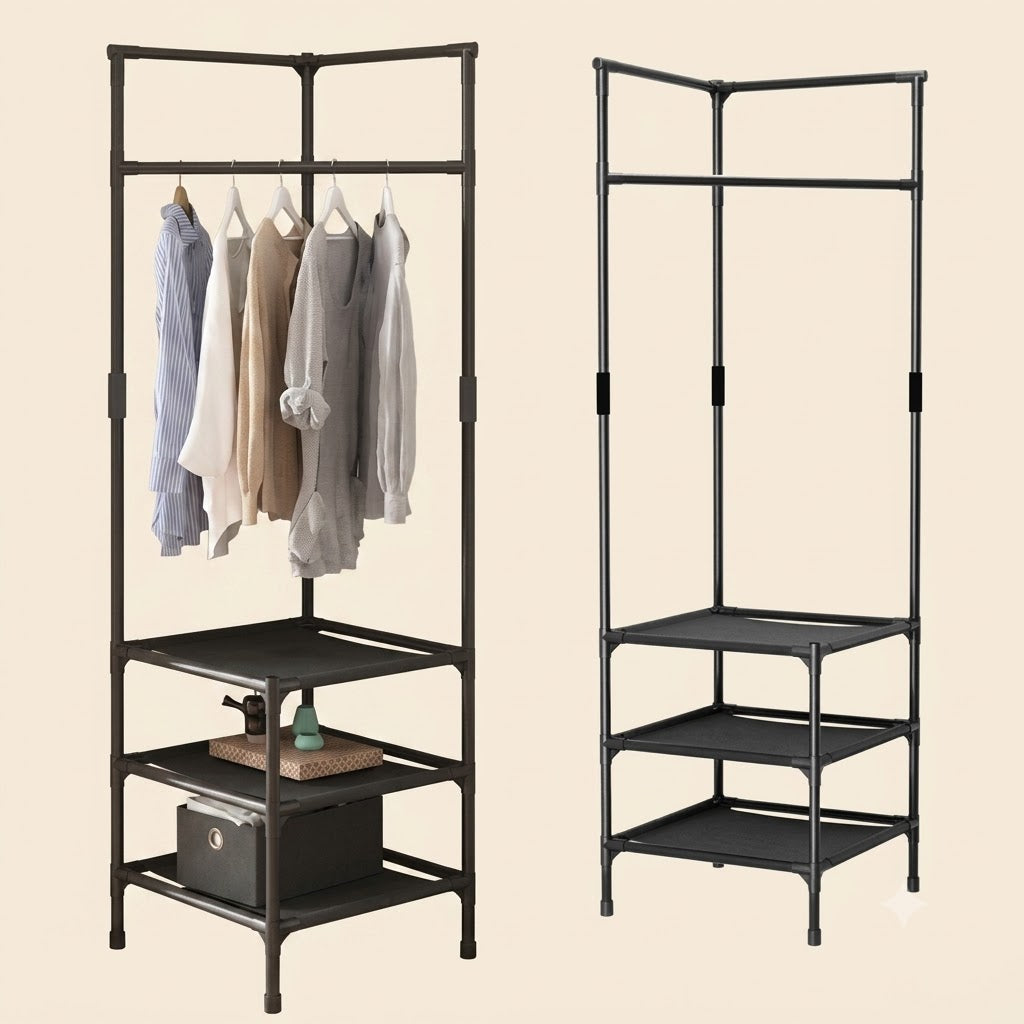 Multifunctional 3-Layer Corner Coat Rack – Nail-Free Clothes & Storage Organizer (Random Colour)