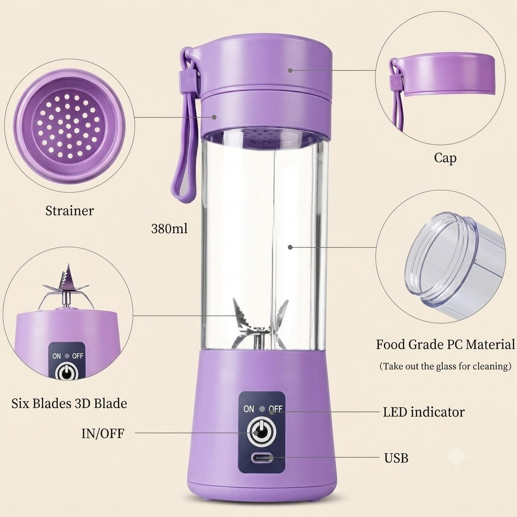 Portable USB Rechargeable Juicer Blender Bottle – Mini Fruit & Vegetable Smoothie Maker (Random Color)