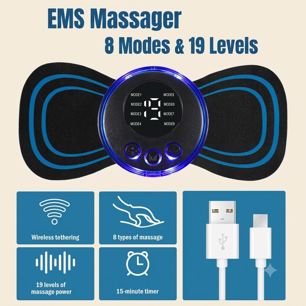 Portable EMS Mini Electric Massager Patch – Wireless Muscle Stimulator for Neck, Back, Shoulders & Full Body Pain Relief