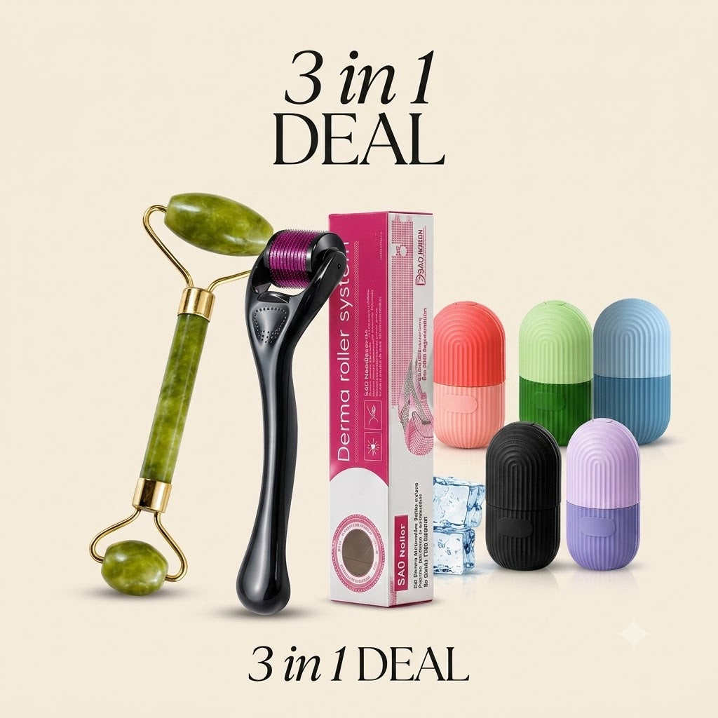3-in-1 Facial Skincare Combo Deal – Jade Roller, Ice Roller & Derma Roller Kit for Glowing Skin