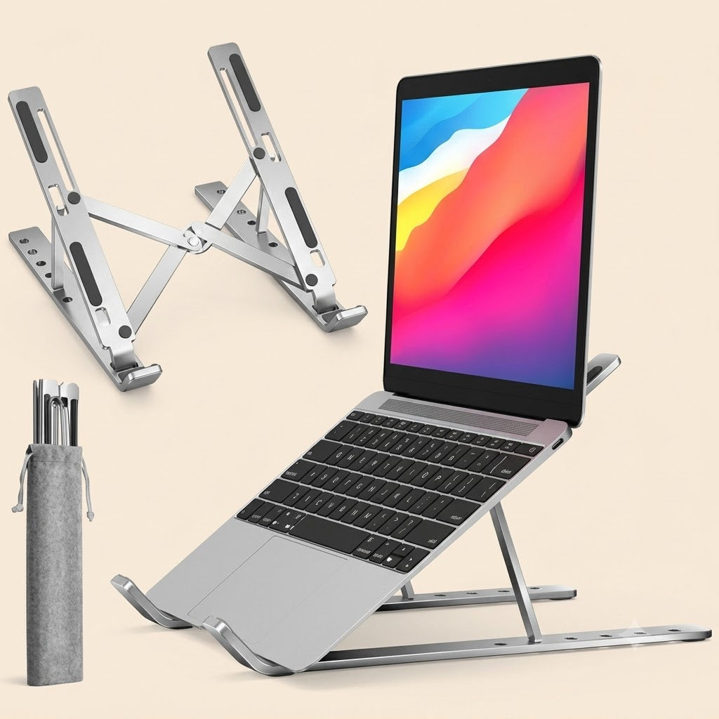 Adjustable Foldable Aluminum Laptop Stand – Portable Ergonomic Laptop Holder for 10"–15.6" Laptops with Carry Pouch