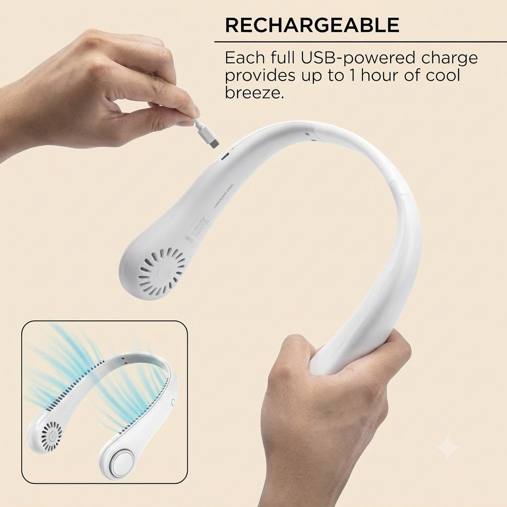 Portable Bladeless Neck Cooler Fan – USB Rechargeable Hands-Free 360° Cooling Neck Fan (1200mAh)