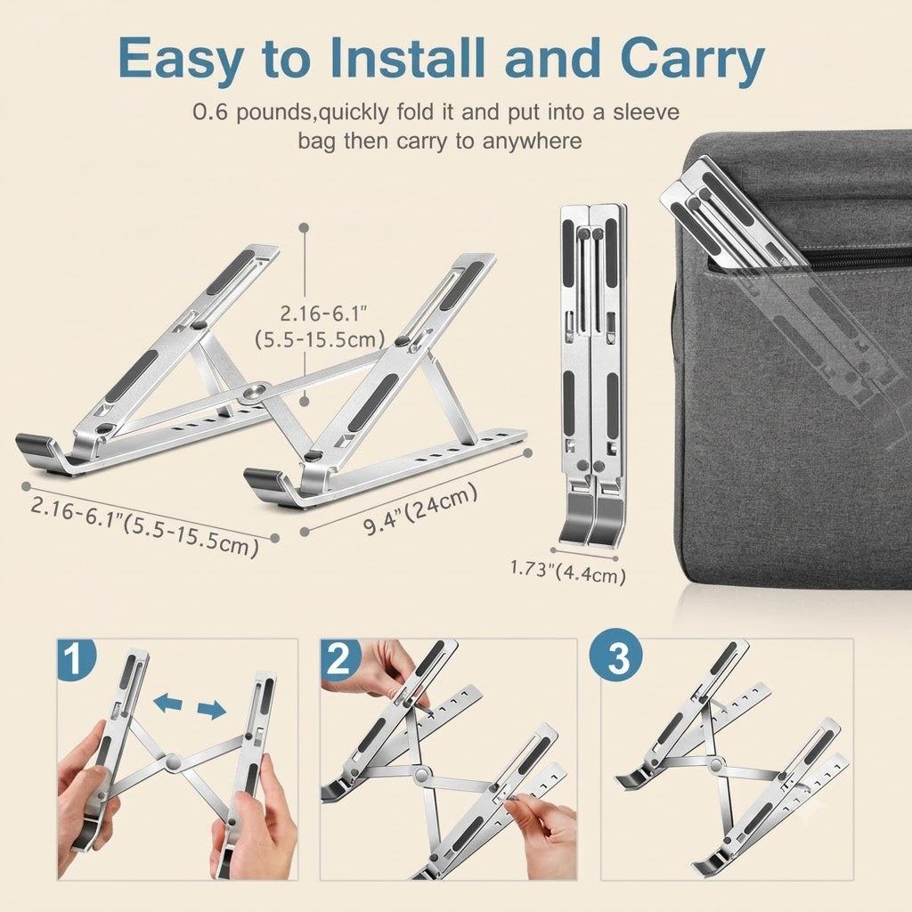 Adjustable Foldable Aluminum Laptop Stand – Portable Ergonomic Laptop Holder for 10"–15.6" Laptops with Carry Pouch