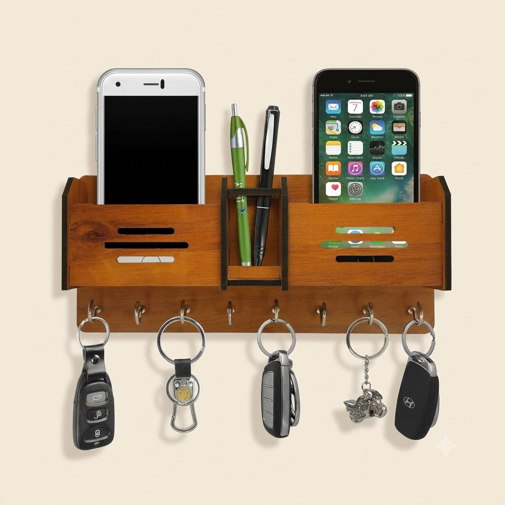 Multipurpose Wooden Key Holder with Mobile Stand – Wall Hanging Key Organizer &amp; Home Decor