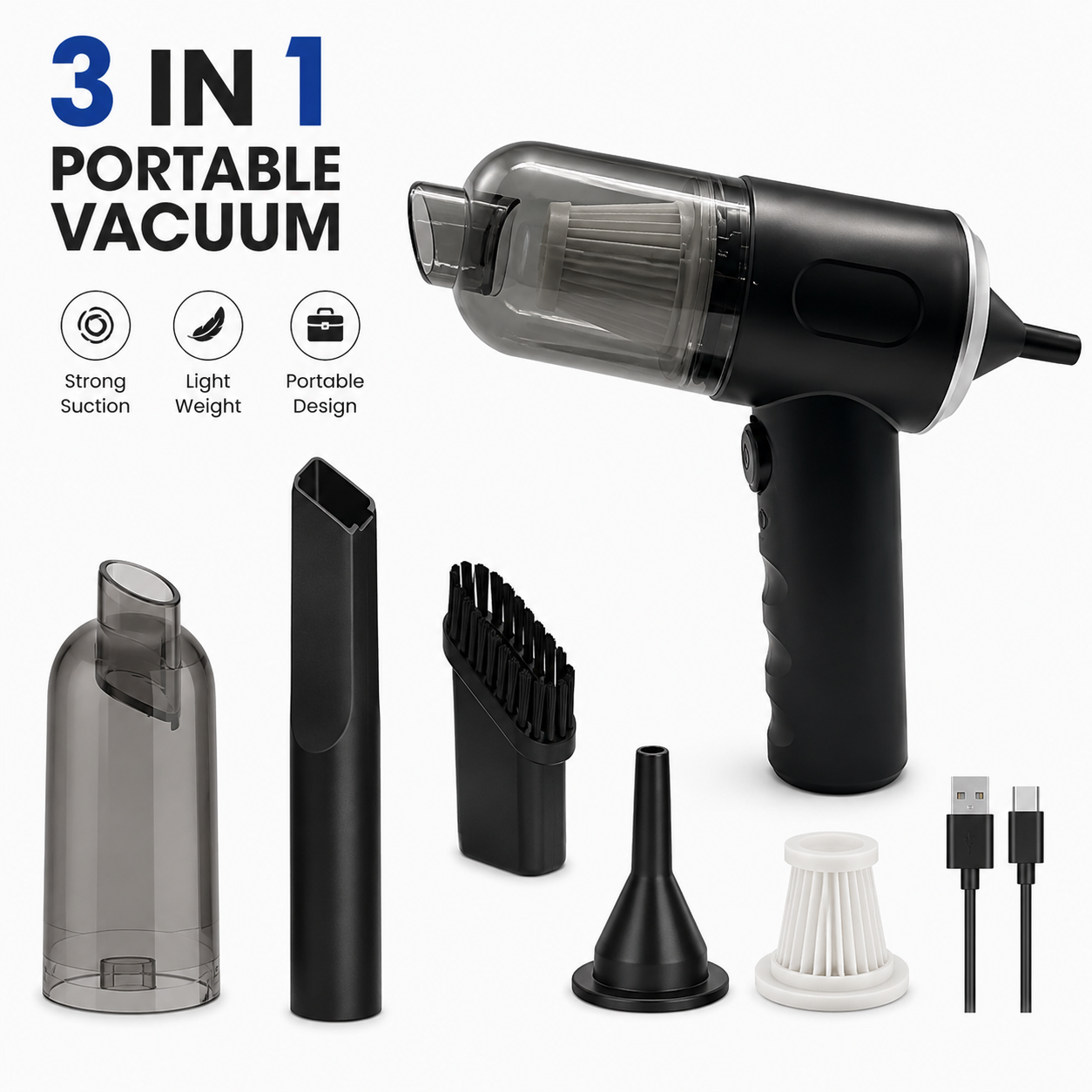 3 In 1 Portable Wireless Vacuum Cleaner & Air Duster – Handheld Rechargeable Cleaner for Car, Home, Keyboard & Computer