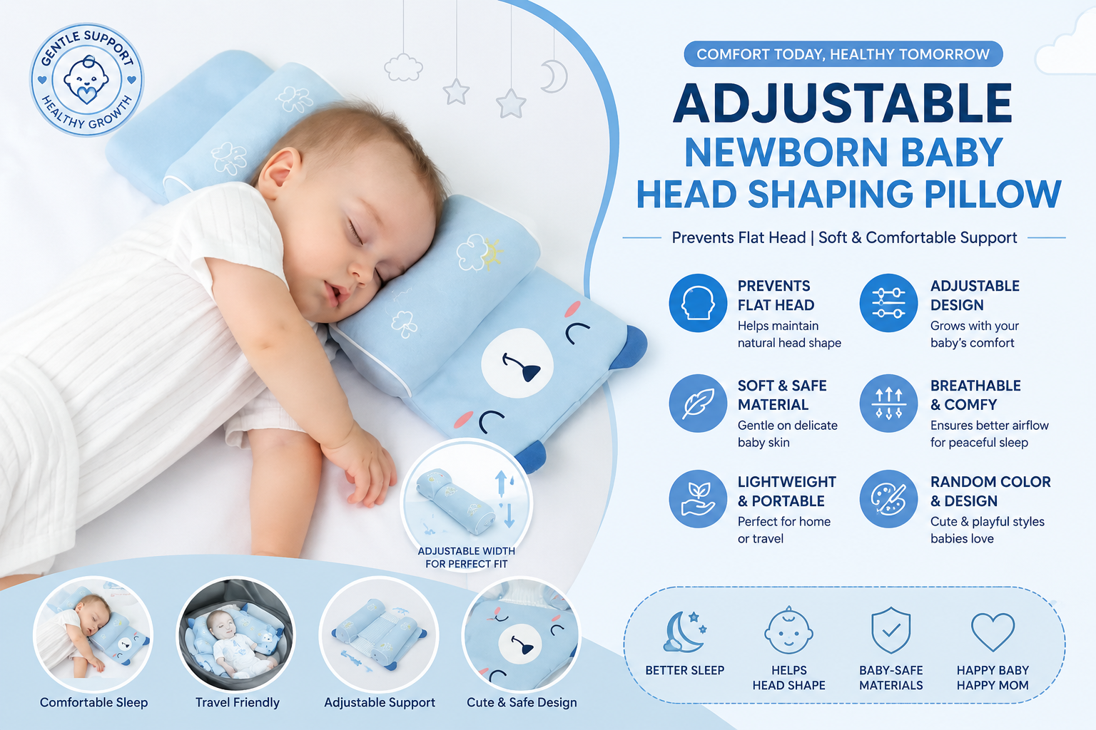Adjustable Newborn Baby Head Shaping Pillow | Soft Infant Flat Head Prevention Pillow | Baby Sleeping Support Cushion (Random Color & Design)