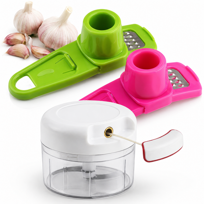 Pack of 2 Combo Deal – Garlic Press Tool + Mini Chopper Manual Food Grinder & Vegetable Crusher Kitchen Gadget