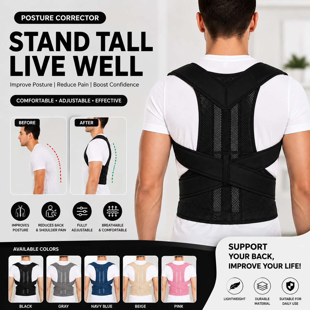 Adjustable Magnetic Posture Corrector Back Brace – Upper Back & Shoulder Support Belt for Men & Women