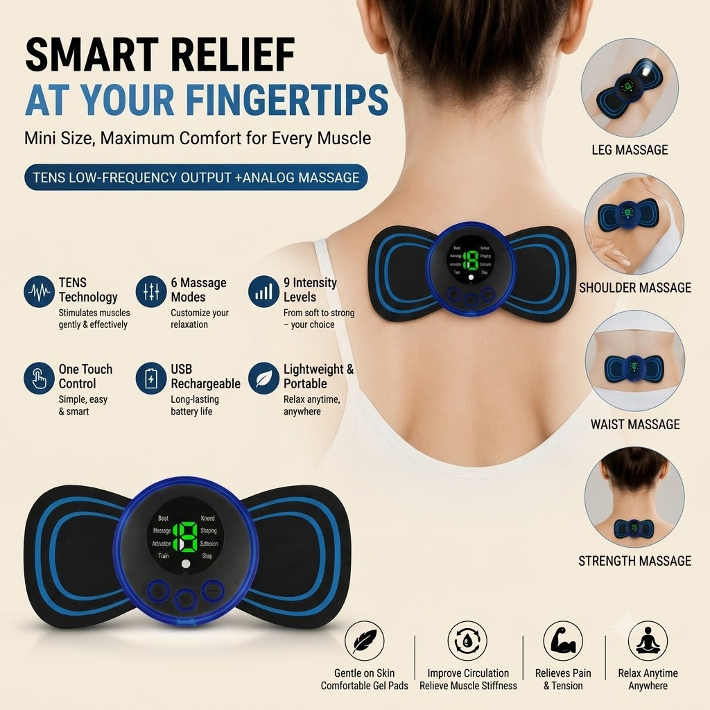 Portable EMS Mini Electric Massager Patch – Wireless Muscle Stimulator for Neck, Back, Shoulders & Full Body Pain Relief