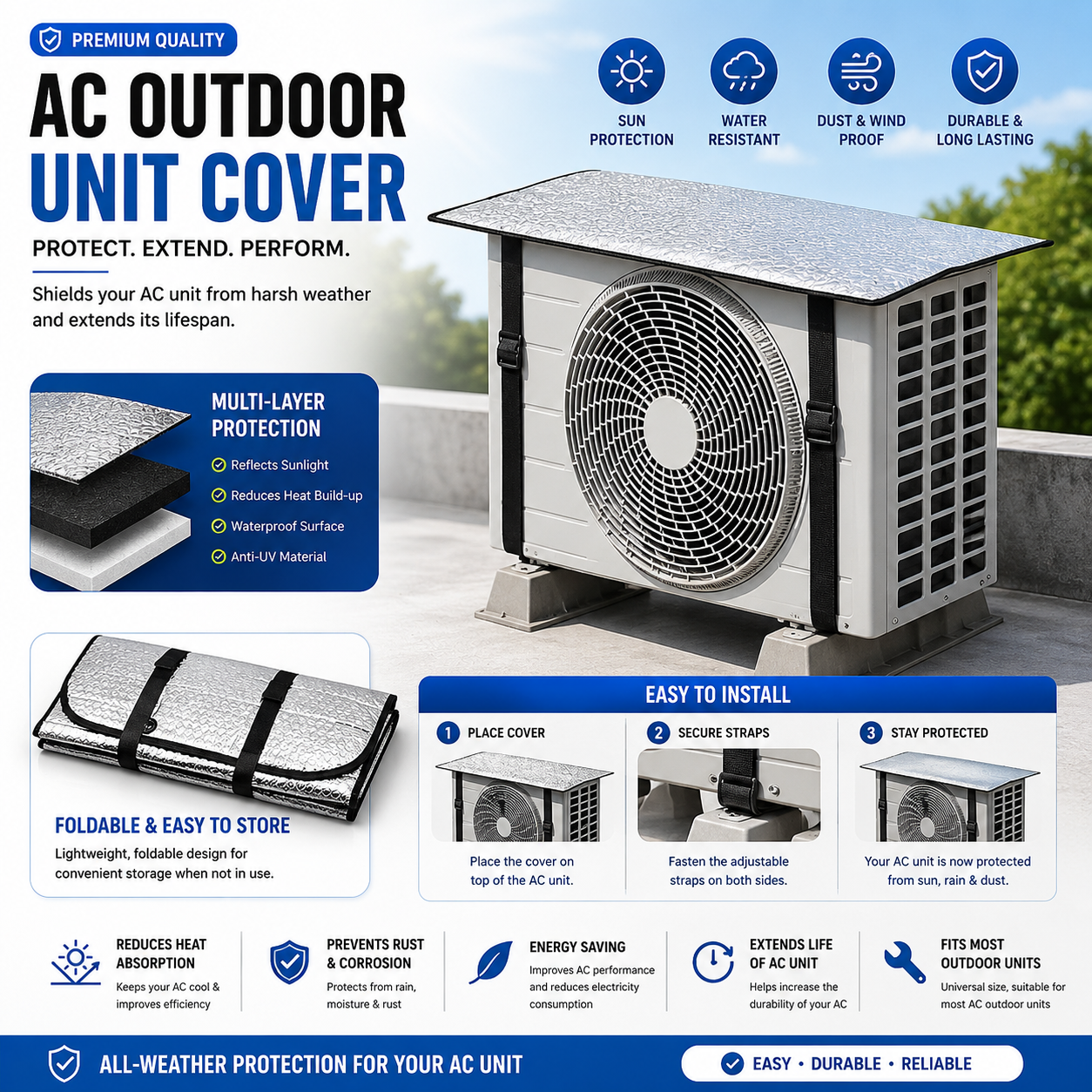 Air Conditioner Outdoor Unit Cover | Waterproof Heat Insulation AC Cover for 1 & 1.5 Ton Split AC (Random Design)