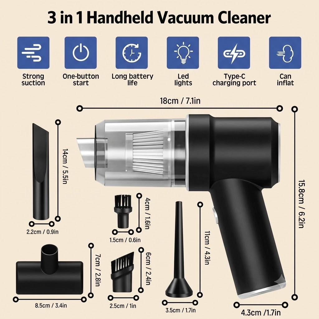3 In 1 Portable Wireless Vacuum Cleaner & Air Duster – Handheld Rechargeable Cleaner for Car, Home, Keyboard & Computer