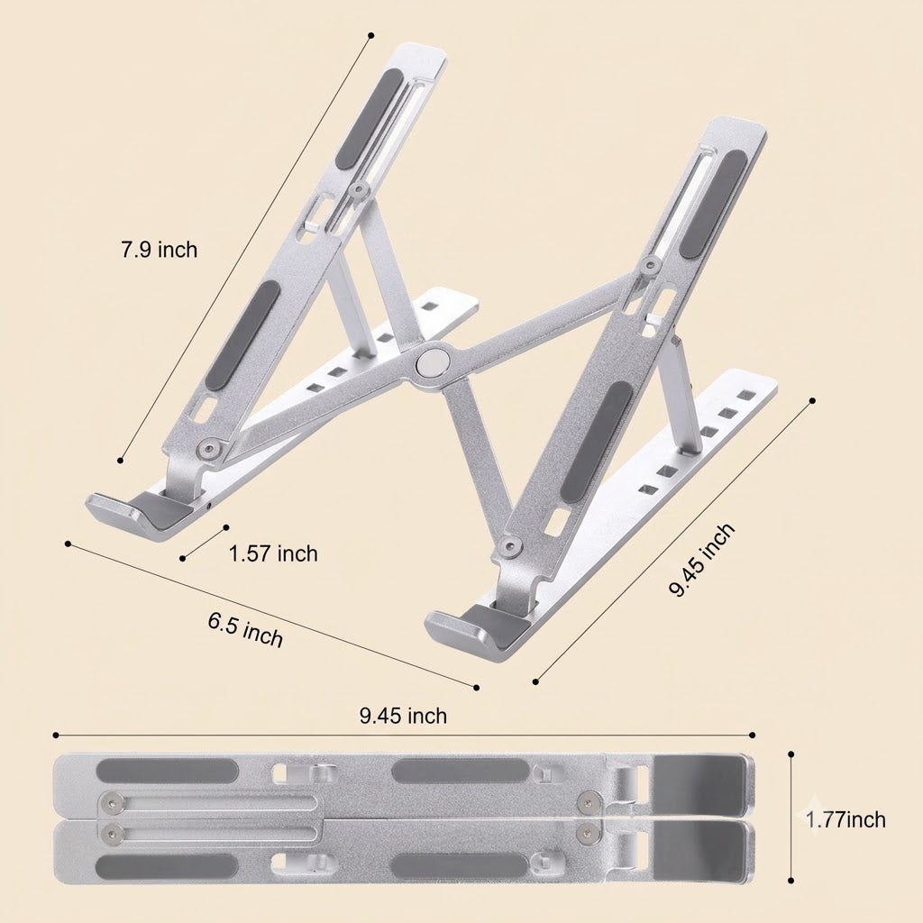 Adjustable Foldable Aluminum Laptop Stand – Portable Ergonomic Laptop Holder for 10"–15.6" Laptops with Carry Pouch