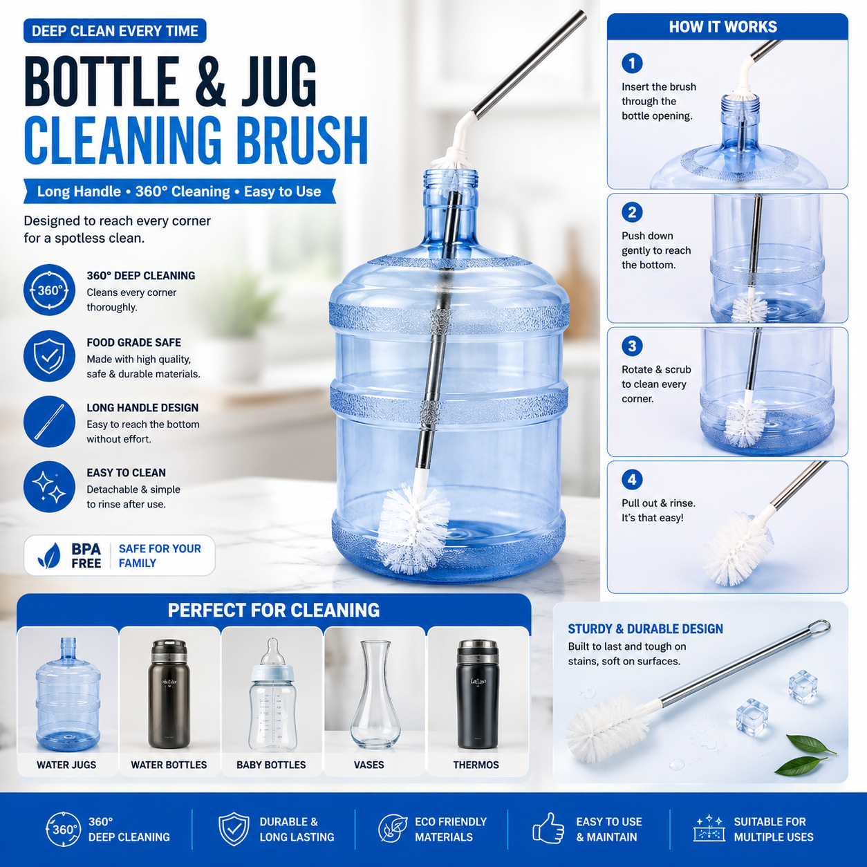 19 Litre Water Bottle Cleaning Brush | Adjustable Long Handle Deep Cleaning Brush (40–60cm) for Gallon Bottles (Random Color)