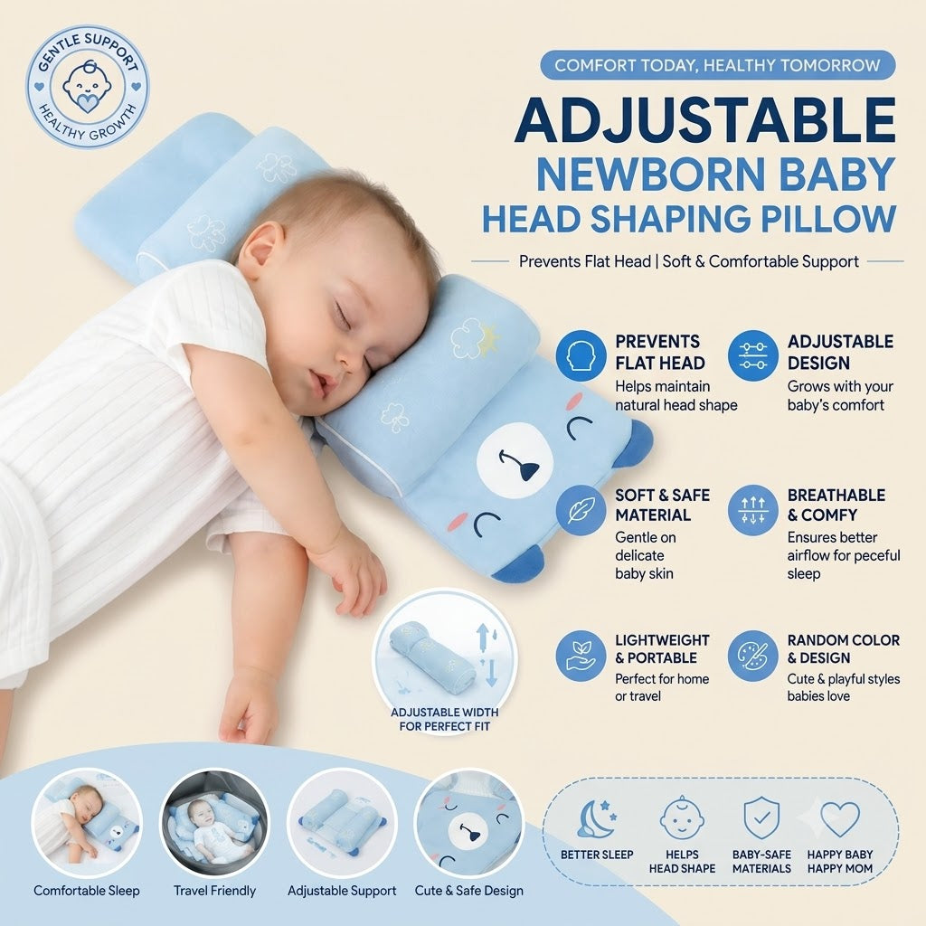 Adjustable Newborn Baby Head Shaping Pillow | Soft Infant Flat Head Prevention Pillow | Baby Sleeping Support Cushion (Random Color & Design)