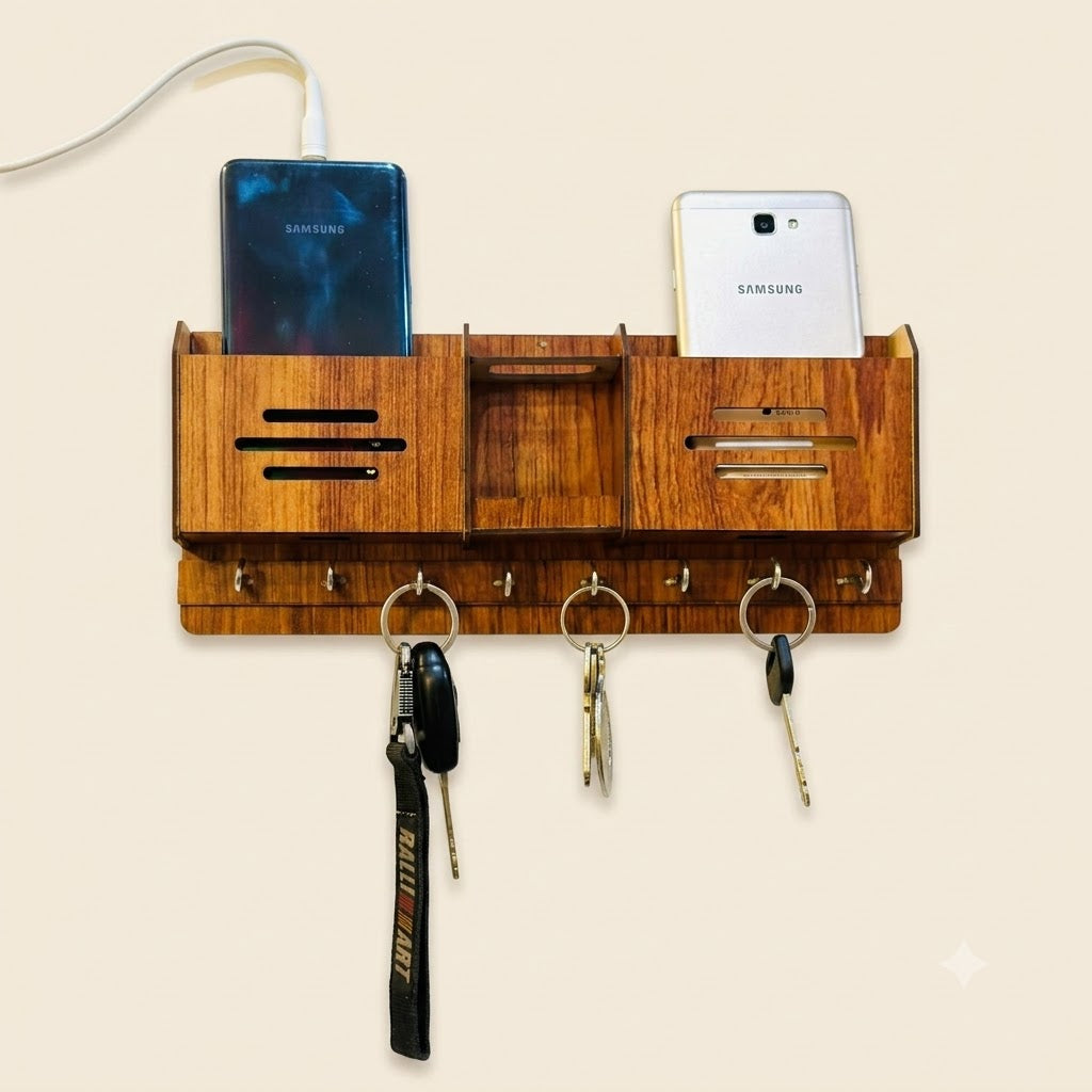 Multipurpose Wooden Key Holder with Mobile Stand – Wall Hanging Key Organizer &amp; Home Decor