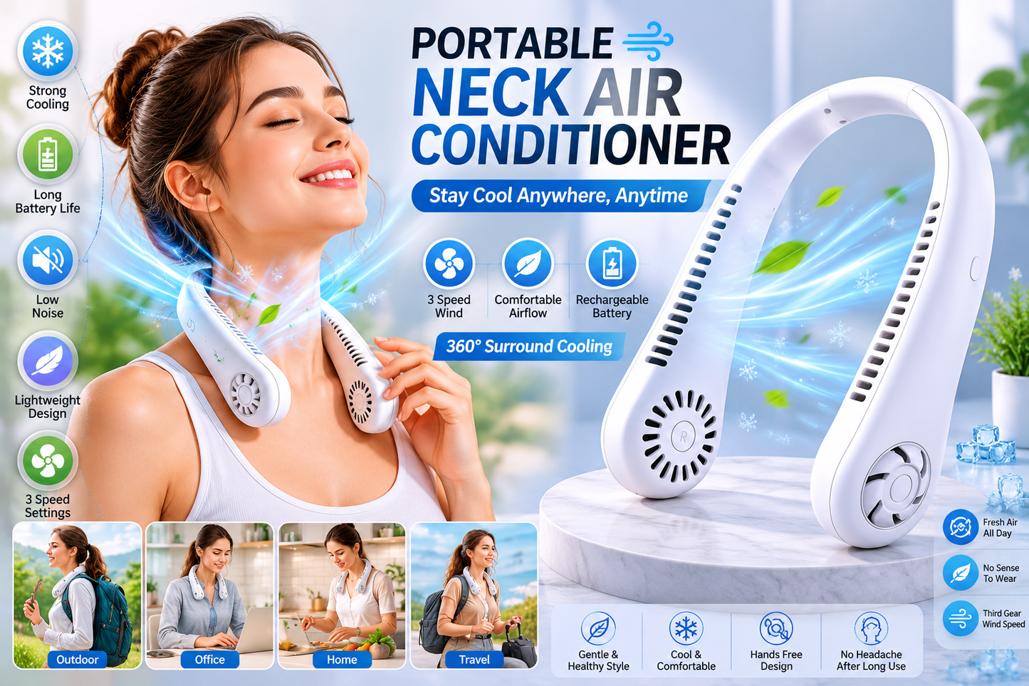 Portable Bladeless Neck Cooler Fan – USB Rechargeable Hands-Free 360° Cooling Neck Fan (1200mAh)