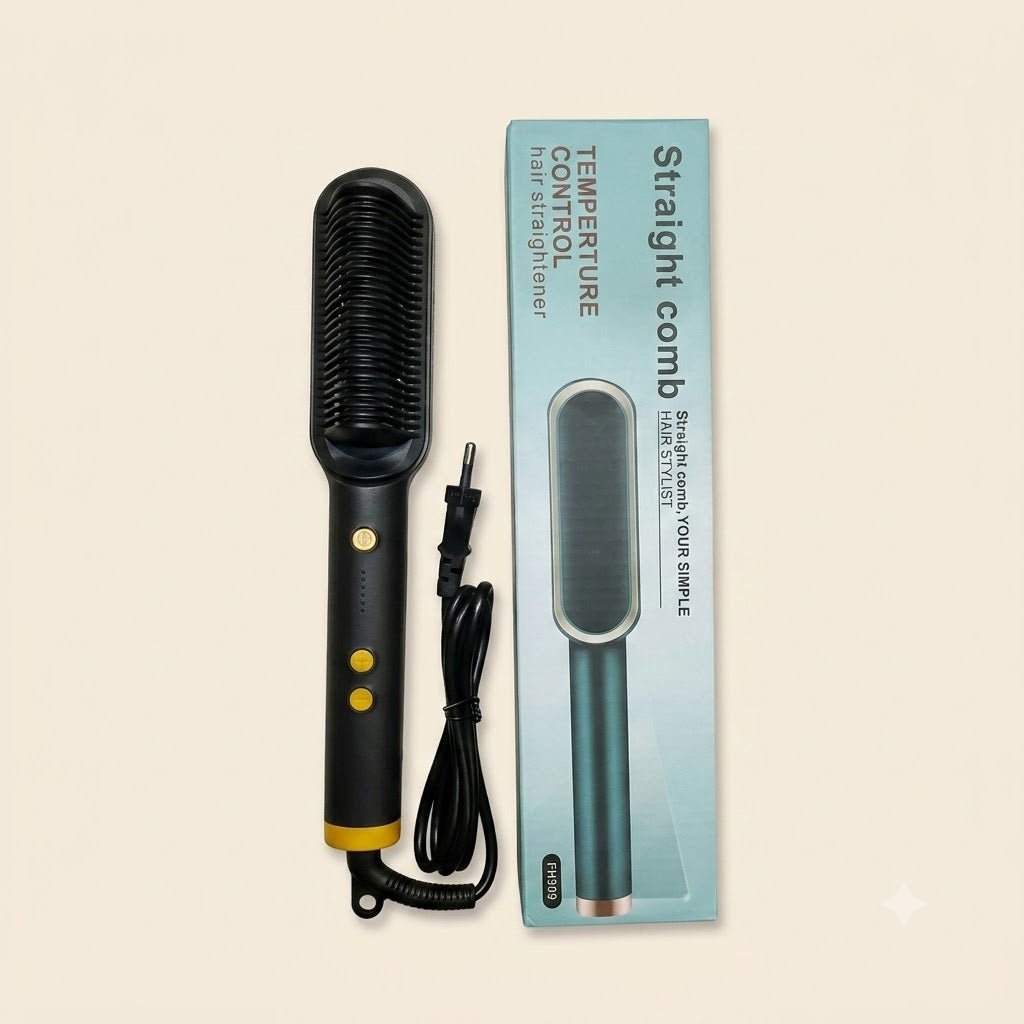 909B Hair Straightening Brush – Electric 2-in-1 Hair Straightener &amp; Curler Heating Styling Comb