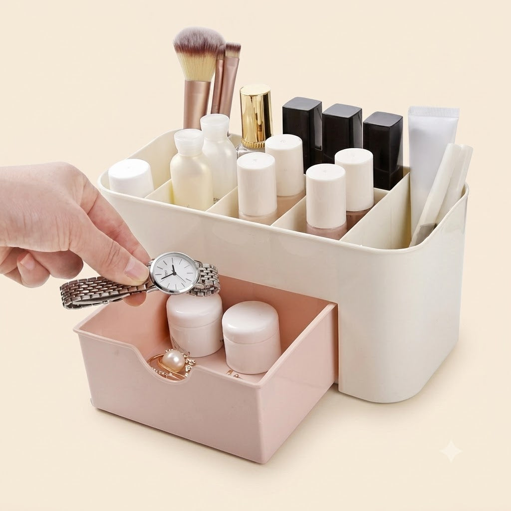 Plastic Makeup Organizer Storage Box with Drawer – Cosmetic & Jewelry Desktop Organizer (Random Color)