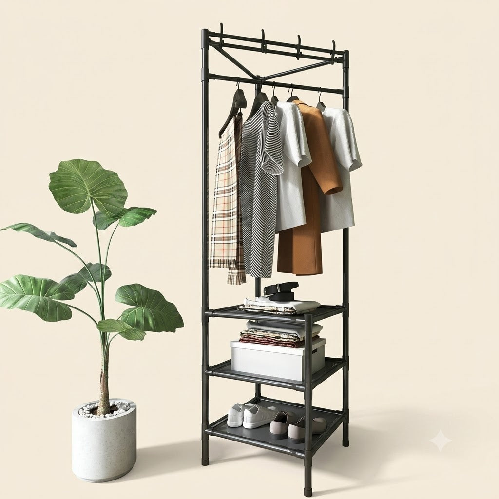 Multifunctional 3-Layer Corner Coat Rack – Nail-Free Clothes &amp; Storage Organizer (Random Colour)